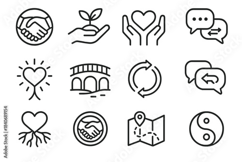 Icons of Unity. Building Strong Bonds Pack linear set: handshake ring, trust seedling, shared values icon, open conversation card, empathy spark, unity bridge, cooperative arrows,