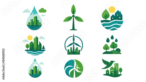 Eco City and Renewable Energy Icons Set