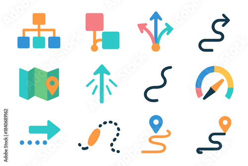 Modern Decision Icons. Life Decision Navigation flat set: decision tree, option tiles, pivot point, scenario arrows, route line, clarity beam, guided curve, progress arc, open map