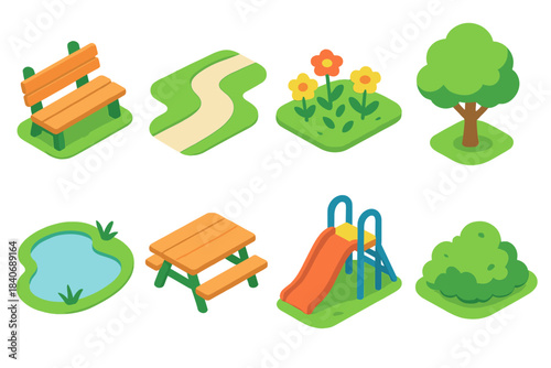 Isometric Park Icons. Parks & green spaces set isometric flat set: park bench, walking path, flower bed, shade tree, pond icon, picnic table, playground slide, garden shrub.