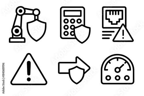 System Safety Icons. Automated System Safeguards linear set: shielded actuator, authenticated control pad, protocol filter block, intrusion alert symbol, safe-stop arrow,