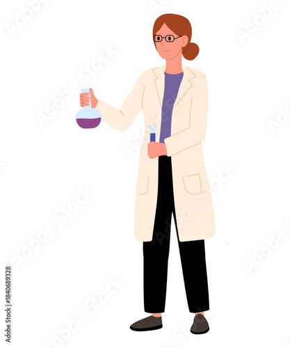 Woman in lab coat with brown hair tied in bun and wearing glasses. Woman smiling and holding test tube with purple liquid. 