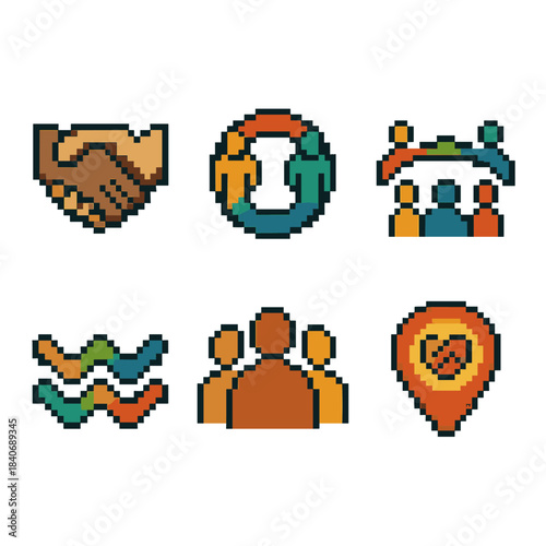 Pixel Art Unity Icons. General Togetherness pixel style set: linked hands, shared circle, unity arc, connected dots, harmony wave, group silhouette, warm glow, bond marker.