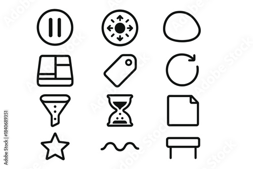 Thought Regulation Icons. Thought Regulation Tools linear set: pause button icon, slow-breath circle, grounding stone, sorting tray, thought label tag, reset arrow, priority filter