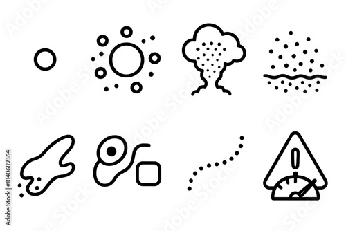 Pollution Dynamics Icons. Pollutant Microcosm Dynamics linear set: tiny contaminant node, micro-scale dispersion field, reactive hotspot puff, particulate settling layer,