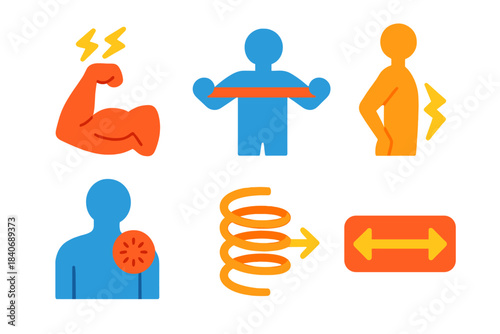 Muscle Strain Icons. Physical Tension flat set: muscle strain icon, stretching band, rigid posture, pressure point, tight coil, tension arrow.