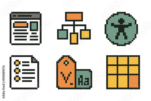 Pixel Art Architecture Icons. System Architecture Elements pixel style set: component library, pattern map, design principles card, accessibility badge, documentation sheet,