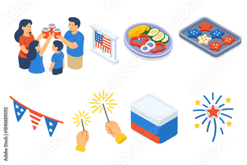 Isometric Festive Icons. Independence Day Family Moments Celebration isometric flat set: family cheers, porch railing flags, grilled veggies plate, cookie tray, festive bunting,