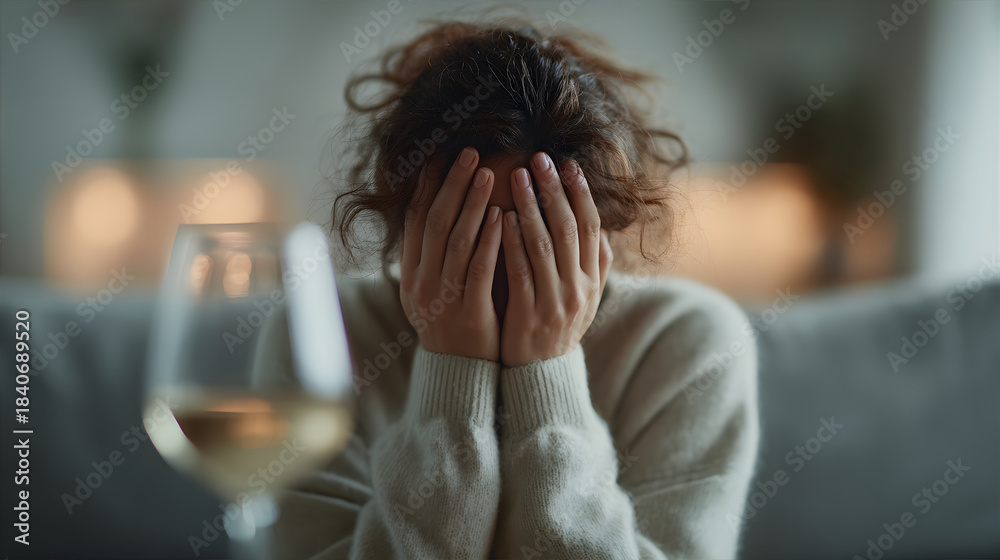 Obraz premium Woman covering face with hands in despair after drinking alcohol, concept of hangover, addiction, sadness. Emotional upset.