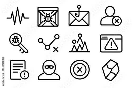 Cybersecurity Symbols. Cyber Attack Signals linear set: threat pulse, malicious payload crate, phishing email slip, rogue access request, compromised credential key, exploit path