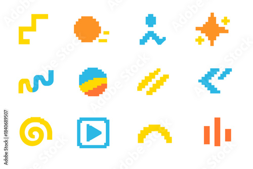 Pixel Art Motion Icons. Play Motion Elements pixel style set: zigzag path, rolling disc icon, leap marker, fun burst, playful ribbon, toy sphere, action pulse, dynamic dash,