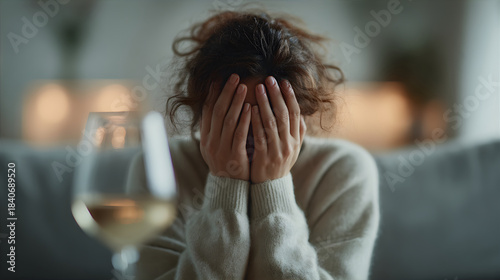 Woman covering face with hands in despair after drinking alcohol, concept of hangover, addiction, sadness. Emotional upset.