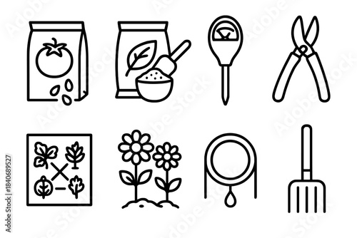 Garden Essentials Icons. Healthy Garden Essentials linear set: heirloom seeds, organic fertilizer scoop, moisture meter, pruning shears, companion planting map, pollinator flowers,