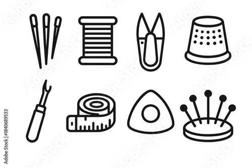 Sewing Essentials Icons. Stitching Tools Collection linear set: assorted needles, thread spool, fabric snips, thimble ring, seam ripper tool, tailor’s tape, chalk marker, pin