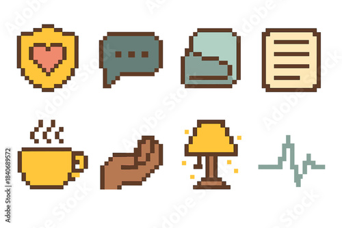 Supportive Icons Set. Supportive Practices Pack pixel style set: safe space badge, open chat bubble, comfort blanket, guided note card, warm tea cup, supportive hand, soothing