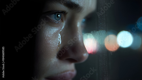 Woman crying with tear rolling down her cheek. Sadness and despair concept related to hangover or addiction. Emotional struggle.