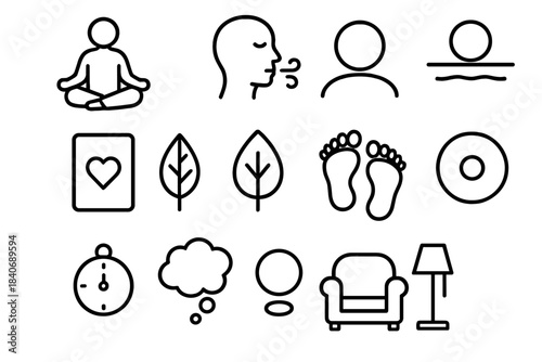 Mindful Meditation Icons. Mindful Concentration linear set: meditation pose, slow breath icon, calm horizon line, intention card, mindful pause leaf, grounded steps, gentle chime,