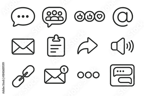 Iconic Messaging Elements. Collaborative Messaging linear set: chat bubble, group thread, emoji reactions, @ mention icon, message inbox, pinned note, reply arrow, voice snippet