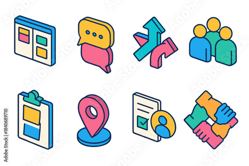 Collaborative Icons Set. Team effort set isometric flat set: project board, communication bubbles, synergy arrows, aligned group icon, shared notes, milestone marker, task