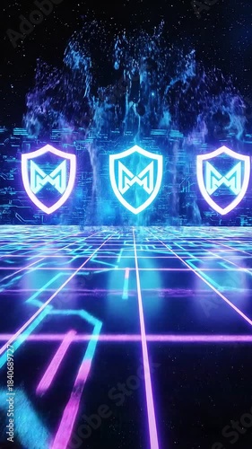Futuristic AI firewall activation with glowing digital energy burst and a neon shield icon on a cyber grid, representing data protection, cybersecurity defense and advanced virtual security systems