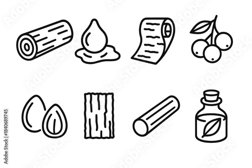 Tree Product Icons. Tree-based products set linear set: raw timber, aromatic resin, craft bark sheet, fruit bunch, seed kernel, tannin-rich bark, wooden dowel, leaf extract bottle.