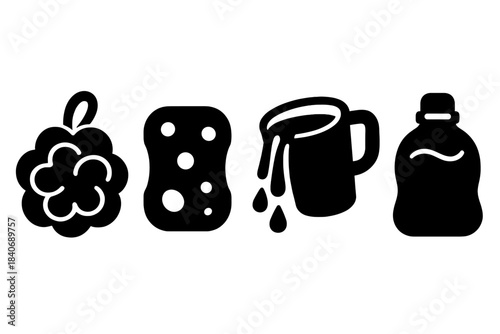 Bath Essentials Icons. Bath Wash Essentials silhouette set: loofah sponge, rinse cup, soft soap pouch.