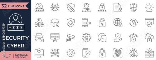 Cyber security and data protection vector line icons. Essential graphics for digital safety, network defense, privacy, and user authentication.
