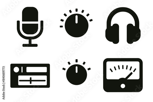 Brutalist Studio Icons. Recording Studio Fundamentals silhouette set: microphone symbol, preamp dial, monitoring headphone, recording track strip, gain knob, metering display.