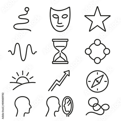 Iconic Life Journey Symbols. Human Experience & Meaning linear set: life journey path, choice fork, identity mask, purpose star, inner voice wave, time hourglass, interconnected
