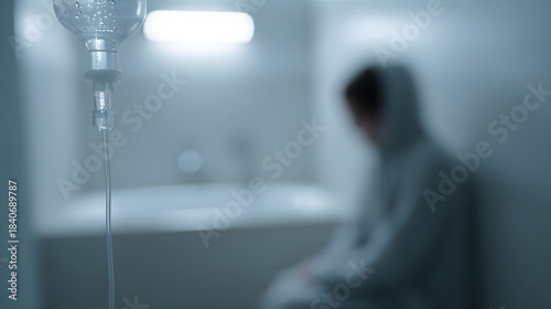 Intravenous drip therapy for detoxification or hangover treatment with blurred person in the background. Medical care for addiction recovery.