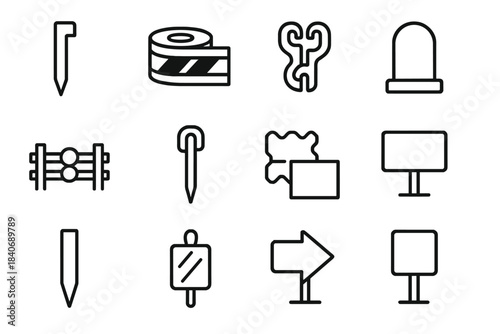 Property Edge Tools Icons. Property Edge Tools Set linear set: corner stake, border tape, outdoor gate clip, path boundary stone, fence connector piece, perimeter line hook, yard