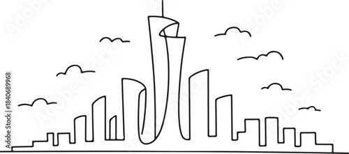 Continuous Line Skyline with Curved Forward Leaning Towers Minimal Artistic Illustration