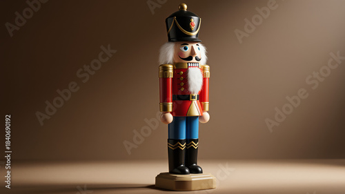 Classic wooden nutcracker soldier figure standing on brown background traditional decor