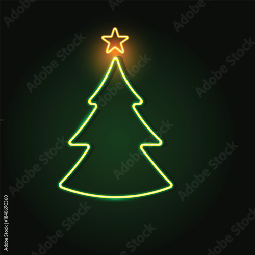 Christmas tree and star glowing neon effect  vector illustration.