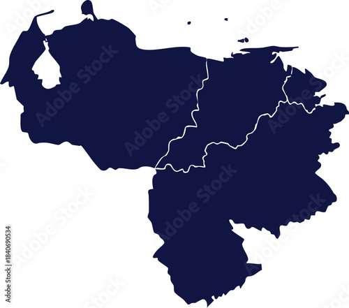 Dark blue silhouette map of Venezuela showing national borders and administrative divisions isolated on a white background for design