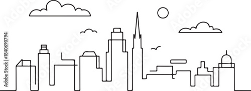 Continuous Line Skyline with Floating Rooftop Blocks Minimal Artistic Illustration
