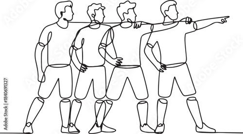 Continuous line art illustration of a group of players pointing strategy in a team discussion