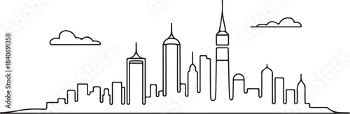 Continuous Line Skyline with Floating Tower Tops in a Minimal Artistic Illustration