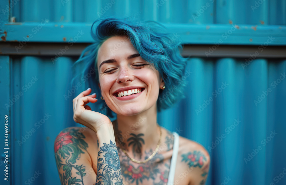 Fototapeta premium Young woman with bright blue hair laughs with eyes closed against textured blue wall. Her arms, chest are covered in colorful floral, palm tree tattoos. She wears simple white tank top, gold chain.