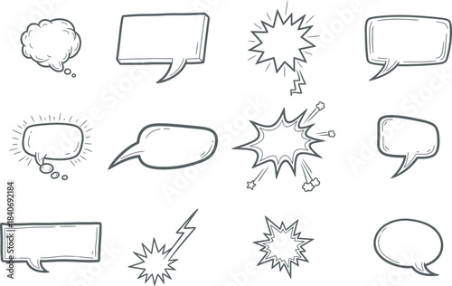 Hand drawn vector collection of comic book speech bubbles and explosion effects isolated on white