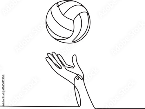 Continuous line art illustration of a hand tossing a volleyball upward in minimal contour drawing