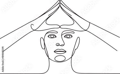 Continuous line art illustration of hands forming a triangle above the forehead in minimal contour drawing