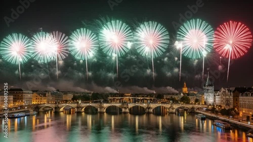 Spectacular fireworks display over charles bridge and vltava river in prague at night
