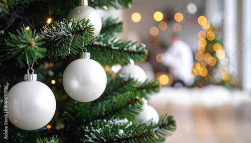 A tree glows beside the window—ornaments nestled in snow, warmth, and quiet celebration.