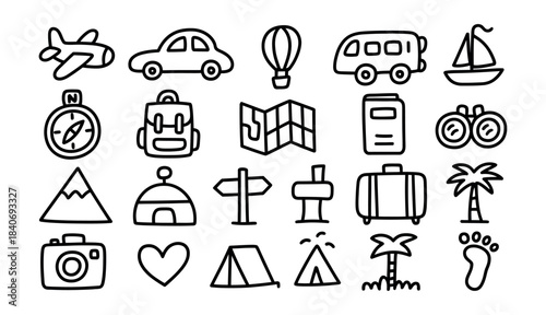 Hand drawn travel and adventure icon set with transportation, camping, navigation, luggage and vacation elements in bold line style