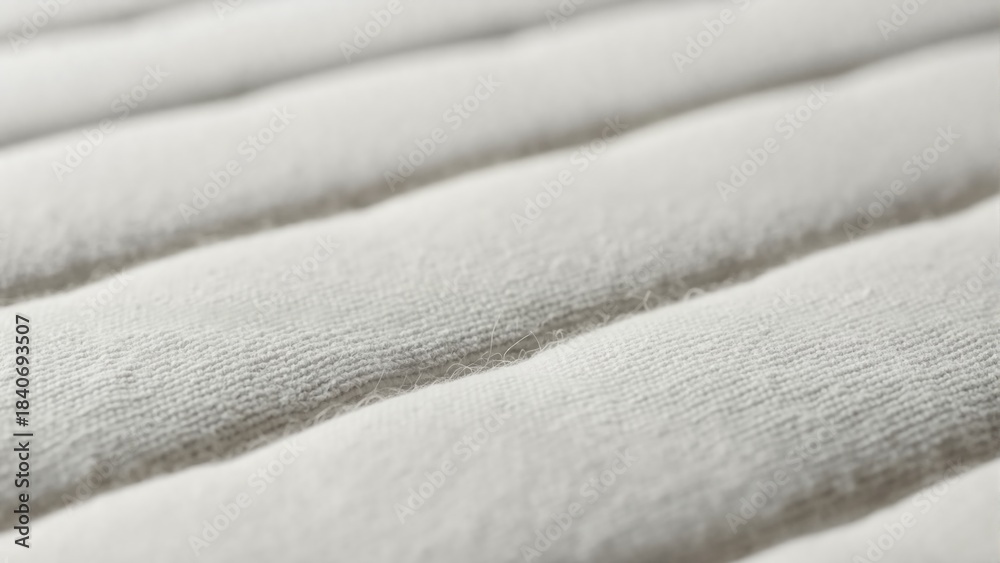 Naklejka premium Macro close-up of soft white fabric texture. Detailed view of quilted cotton material with parallel rows. Abstract textile background for comfort and hygiene concepts