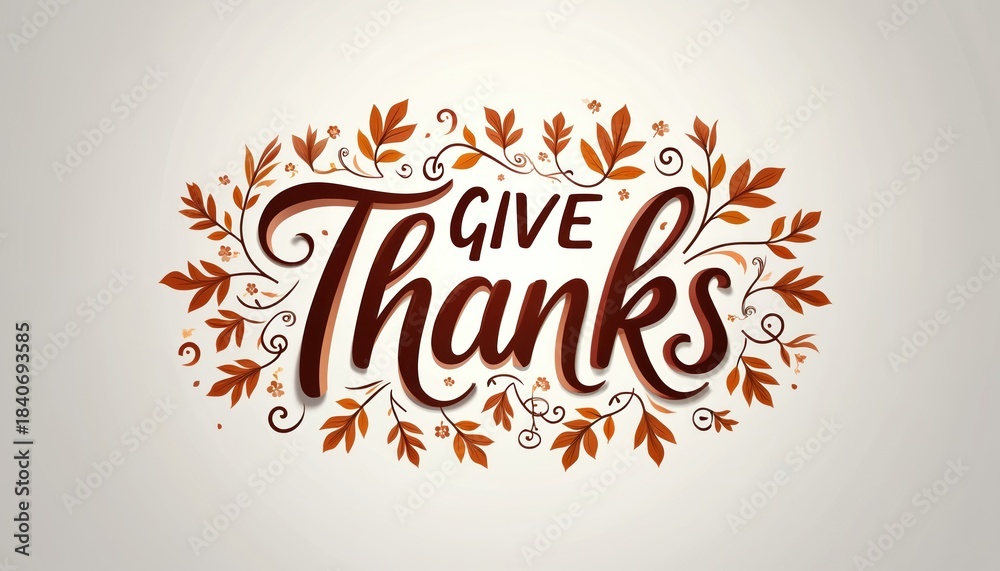 Obraz premium Decorative lettering spells GIVE THANKS framed by autumn leaves and floral elements. Elegant script style conveys gratitude and seasonal themes for invitations cards or decor.