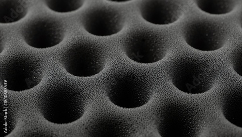Close-up of gray acoustic foam texture. Soundproofing material with convoluted egg crate pattern for sound absorption. Audio studio noise reduction background
