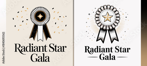 Radiant Star Gala rosette medals with sparkling star and ribbon tails amid confetti, festive award badge set, celebration vector marks for events and invitations