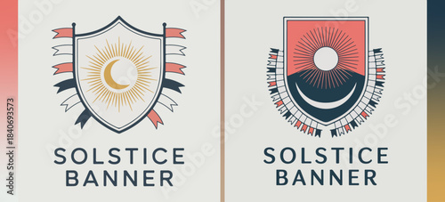 Solstice Banner shield crests with crescent moon, sunburst and streaming flags, celestial festival emblem set, vintage parade vector marks for cultural branding